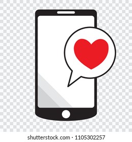 Smartphone with heart in a speech bubble, mobile phone and love message.