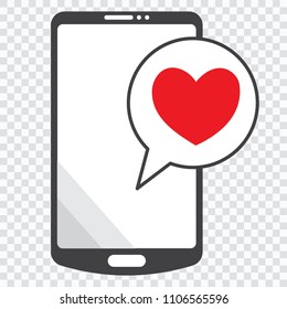 Smartphone with heart in a speech bubble, mobile phone and love message.