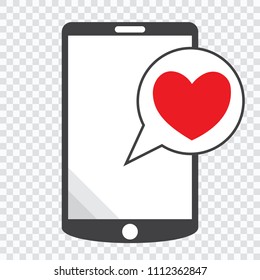 Smartphone with heart in a speech bubble, mobile phone and love message.
