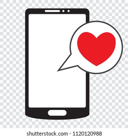 Smartphone with heart in a speech bubble, mobile phone and love message.