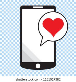 Smartphone with heart in a speech bubble, mobile phone and love message.