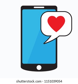 Smartphone with heart in a speech bubble, mobile phone and love message.
