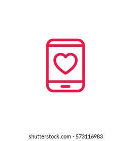  smartphone with heart thin line red icon on white background, happy valentine day