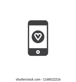 Smartphone with heart vector icon. filled flat sign for mobile concept and web design. Charity heart phone solid icon. Symbol, logo illustration. Pixel perfect vector graphics