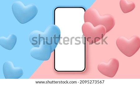 Smartphone with hearts 3d vector wallpaper. Valentines day poster or banner. Social media like or comment, website feedback. Love, wedding, engagement, dating and passion symbol.
