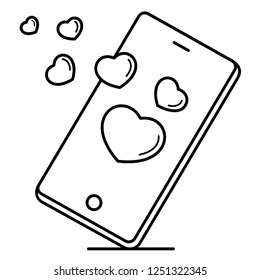 Smartphone and hearts. Valentine's day. Vector flat outline icon illustration isolated on white background.