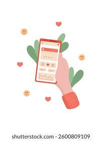 Smartphone held by a hand. Mobile device displays a calendar application. User touches the screen of the phone. Digital engagement in mobile technology, flat visual style, suitable for social media