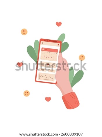 Smartphone held by a hand. Mobile device displays a calendar application. User touches the screen of the phone. Digital engagement in mobile technology, flat visual style, suitable for social media