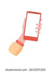 Smartphone held in a hand with a blank screen. A user holds mobile phone featuring digital template. This contemporary smartphone serves various applications, flat style, ideal for web and app