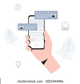 A smartphone held in hand with store reviews.