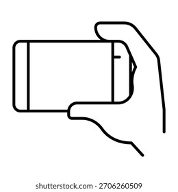 Smartphone sostenida horizontalmente en la mano icono de línea delgada, utilizando el concepto de dispositivo inteligente, señal de teléfono con pantalla táctil sobre fondo blanco, icono de estilo de contorno para móvil y Diseño web. Gráficos de Vector