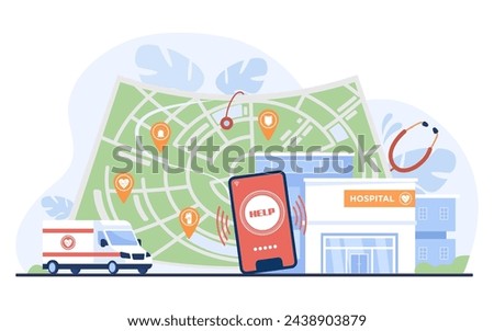 Smartphone with help call, ambulance car, stethoscope, hospital. Vector illustration. City map and medical location pins. Emergency service network concept.