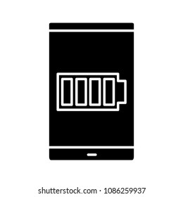 Smartphone high battery glyph icon. Battery charging. Silhouette symbol. Negative space. Vector isolated illustration