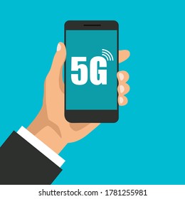 Smartphone con tecnología 5g de alta velocidad. Mano mantiene el teléfono con el símbolo de señal de internet en una pantalla. Ilustración vectorial.