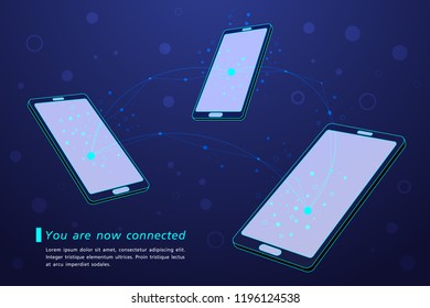 Smartphone hi-tech touch screen connected with blue line and circle. Internet signal network futuristic concept vector and illustration