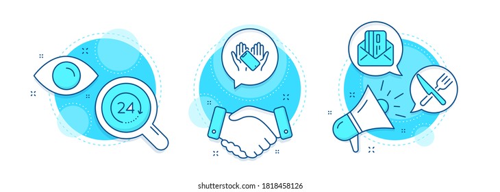 Smartphone holding, 24 hours and Food line icons set. Handshake deal, research and promotion complex icons. Credit card sign. Phone, Time, Cutlery. Mail. Vector