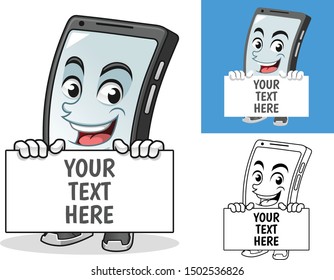 Smartphone Holding Blank Board Cartoon Character Mascot Illustration, Including Flat and Black and White Designs, Vector Illustration, in Isolated White Background.