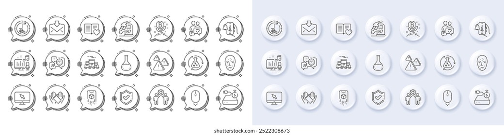 Smartphone holding, Employees teamwork and Augmented reality line icons. White pin 3d buttons, chat bubbles icons. Pack of Face biometrics, Power bank, Chemistry lab icon. Vector