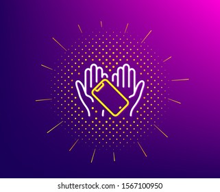 Smartphone holding line icon. Halftone pattern. Phone sign. Mobile device symbol. Gradient background. Smartphone holding line icon. Yellow halftone pattern. Vector