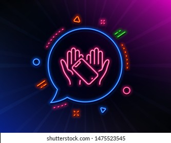 Smartphone holding line icon. Neon laser lights. Phone sign. Mobile device symbol. Glow laser speech bubble. Neon lights chat bubble. Banner badge with smartphone holding icon. Vector