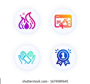 Smartphone holding, Seo marketing and Fire energy icons simple set. Button with halftone dots. Reward sign. Phone, Megaphone, Flame. First place. Business set. Vector