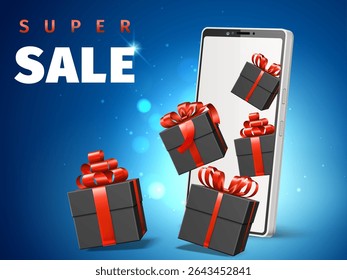 Smartphone with holiday gift boxes flying out of screen. Big sale. Present bonus. 3D phone screen. Promotion advertising background. Online shopping. Bokeh sparkle. Vector realistic marketing banner