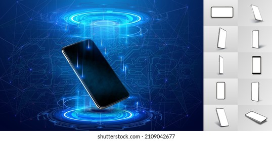 Smartphone and hologram projector. 3D Mock up. Fantastic Circle portals, hologram teleportation gadgets. Sci-fi digital high-tech elements.  Realistic cell phone template. Vector illustration