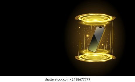 Smartphone and hologram projector. Futuristic 3D cellphone concept with sci-fi digital high-tech elements. Magic circle teleportation podium with a mobile phone. Vector illustration