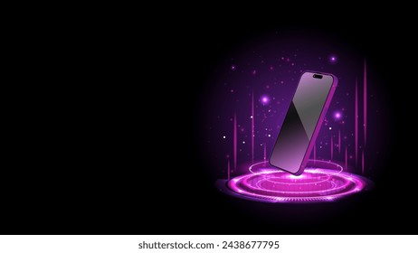 Smartphone and hologram projector. Futuristic 3D cellphone concept with sci-fi digital high-tech elements. Magic circle teleportation podium with a mobile phone. Vector illustration