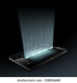 Smartphone with a hologram screen. Technology background. Stock vector illustration.