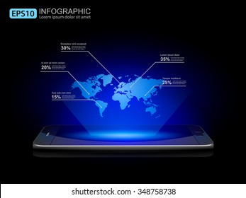 Smartphone  with Holographic World Map,vector