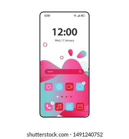 Smartphone home screen interface vector fluid template  Mobile app page pink   blue gradient design layout  Cellphone desktop screen and wavy bubbles  Application UI  Phone homescreen display