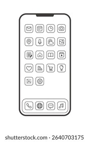 Smartphone Home Screen with Minimal App Icons – Vector Line Illustration