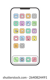 Smartphone Home Screen with Minimal App Icons – Vector Line Illustration