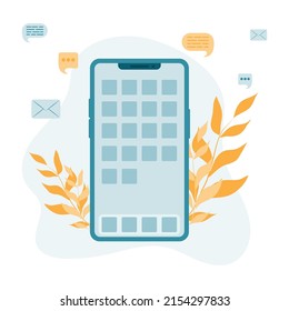 smartphone con pantalla de casa, smartphone vector, dispositivo móvil, diseño de plantillas, ilustración vectorial plana en colores azul y naranja, Vector Premium
