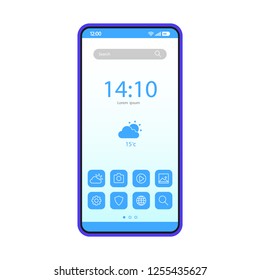 Smartphone home screen vector template. Mobile interface blue design layout. Cellphone desktop settings. Flat UI. Navigation screen. Phone display with app icons and buttons