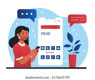 Smartphone home screen. Woman moves icons of applications and programs, organizes files on device. Touchscreen gadget with search bar and forecast, interface on phone. Cartoon flat vector illustration