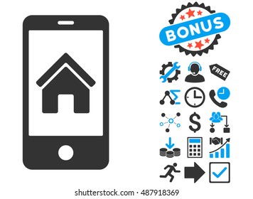 Smartphone Homepage pictograph with bonus symbols. Vector illustration style is flat iconic bicolor symbols, blue and gray colors, white background.