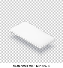 Smartphone horizontal mockup design template. Vector realistic 3d isometric illustration of white plastic mobile phone on transparent background. Blank screen modern device.
