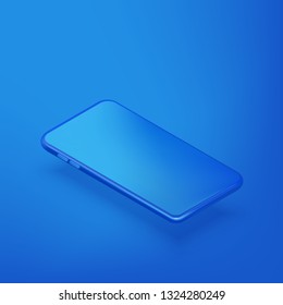 Smartphone horizontal mockup design template. Vector realistic 3d isometric illustration of blue plastic mobile phone on blue gradient background. Blank screen modern device.