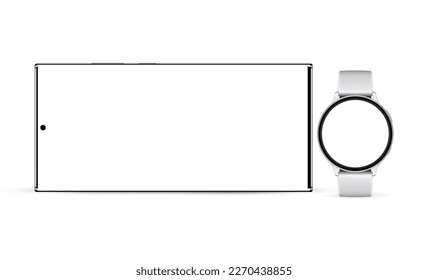 Smartphone Horizontal Mockup With Silver Round Wrist Watch, Isolated on White Background. Vector Illustration