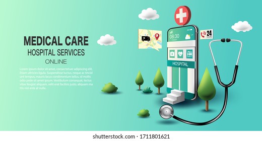 Smartphone with hospital building on screen, doctor consultation online with emergency call 24 hours, healthcare technology, analysis health and network concept.