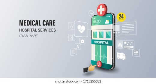 Teléfono inteligente con edificio de hospital en pantalla, consulta al médico en línea con llamadas de emergencia 24 horas, tecnología de salud, análisis de salud y concepto de red.