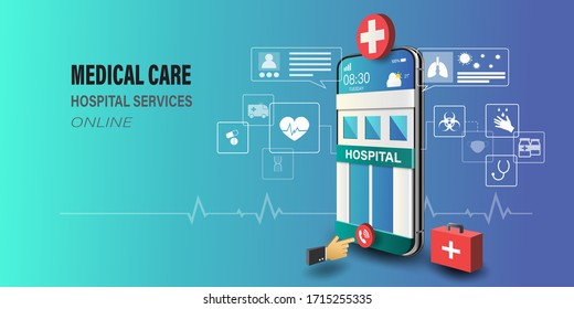 Smartphone with hospital building on screen, doctor consultation online with emergency call 24 hours, healthcare technology, analysis health and network concept.