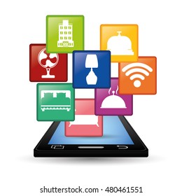 Smartphone and hotel apps icon set. Service technology media and digital theme. Colorful design. Vector illustration