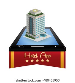 Smartphone and hotel building with apps icon set. Service technology media and digital theme. Colorful design. Vector illustration