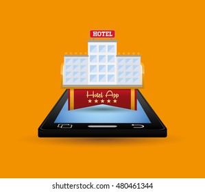 Smartphone and hotel building with apps icon set. Service technology media and digital theme. Colorful design. Vector illustration