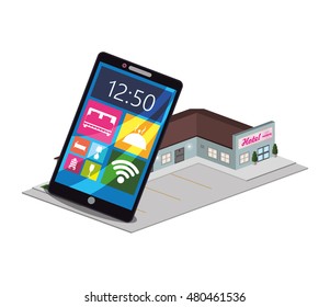 Smartphone and hotel building with apps icon set. Service technology media and digital theme. Colorful design. Vector illustration