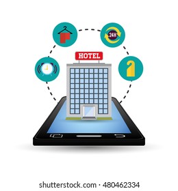 Smartphone and hotel building with apps icon set. Service technology media and digital theme. Colorful design. Vector illustration
