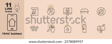 Smartphone with house, coffee machine, discount symbol, monitor with shield, table, house prohibition, stars, key, locked house, refrigerator, mailbox. Icons amenities, security, and hotel services